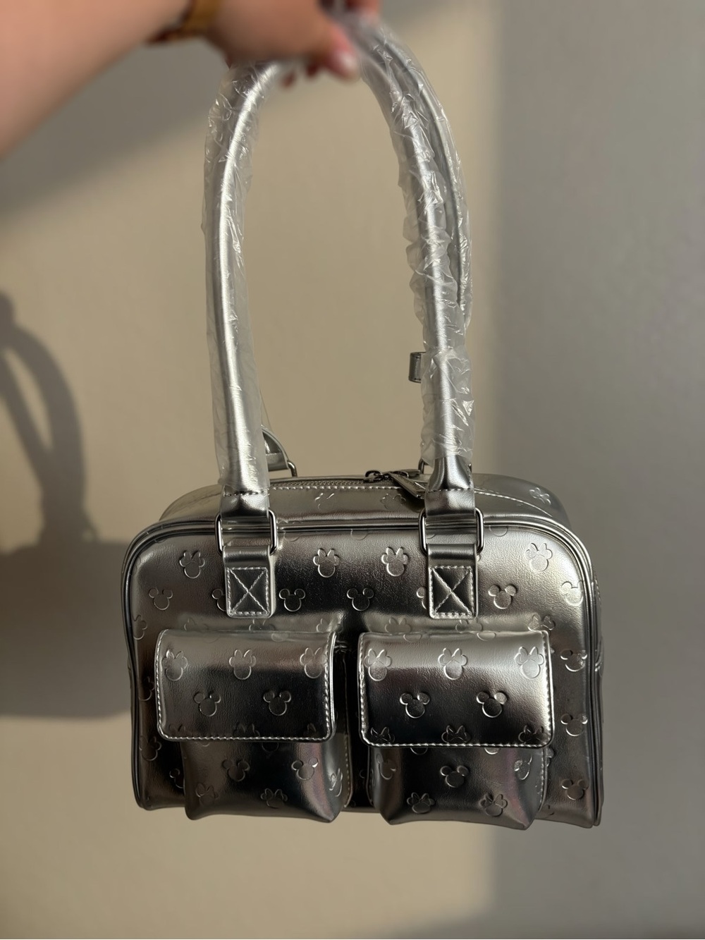 Loungefly x Disney Silver Embossed Mickey/Minnie Pattern Purse